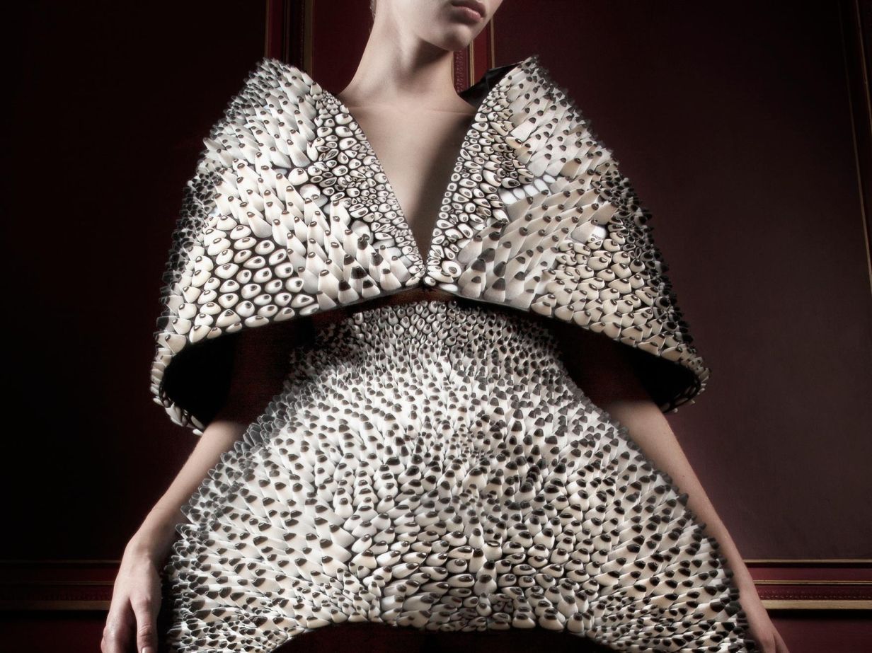 A woman wearing a 3D printed biomimetic skirt for a fashion show in Paris