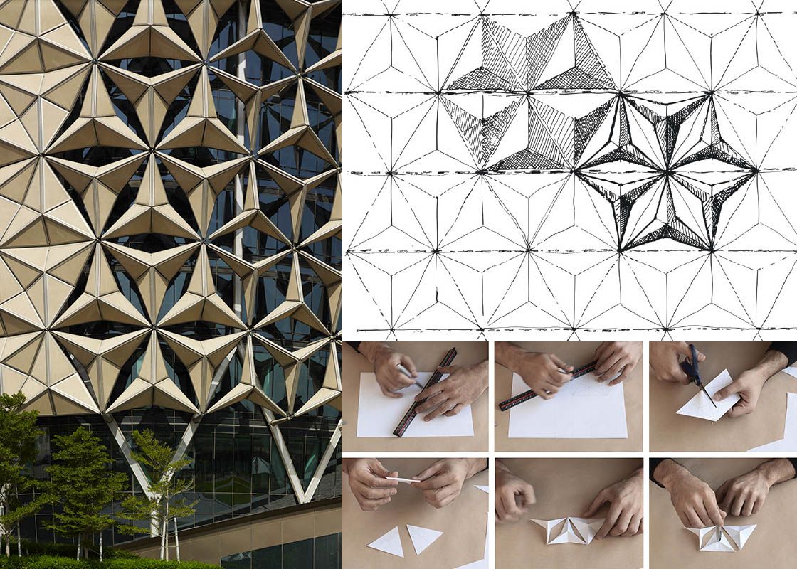 A close-up shot of the facade and the sketch and origami folding of the lattice pattern