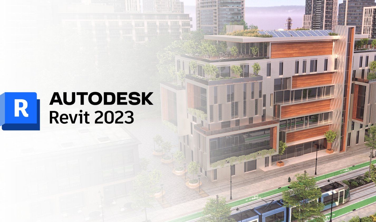 Architectural visualisation of a revit model with Autodesk Revit 2023 written on the left