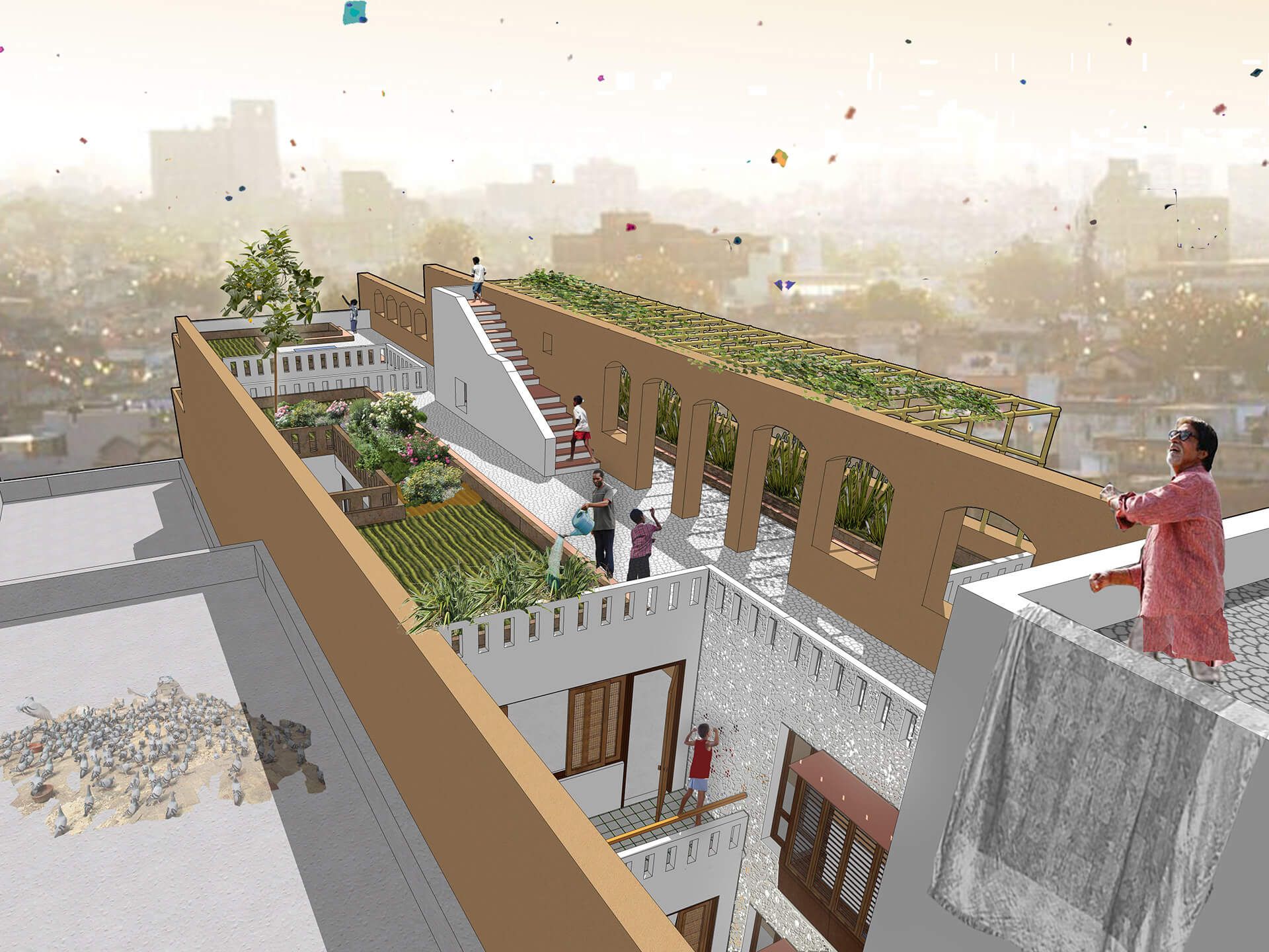 Modelled rooftop of a building with a terrace farm and people flying kites