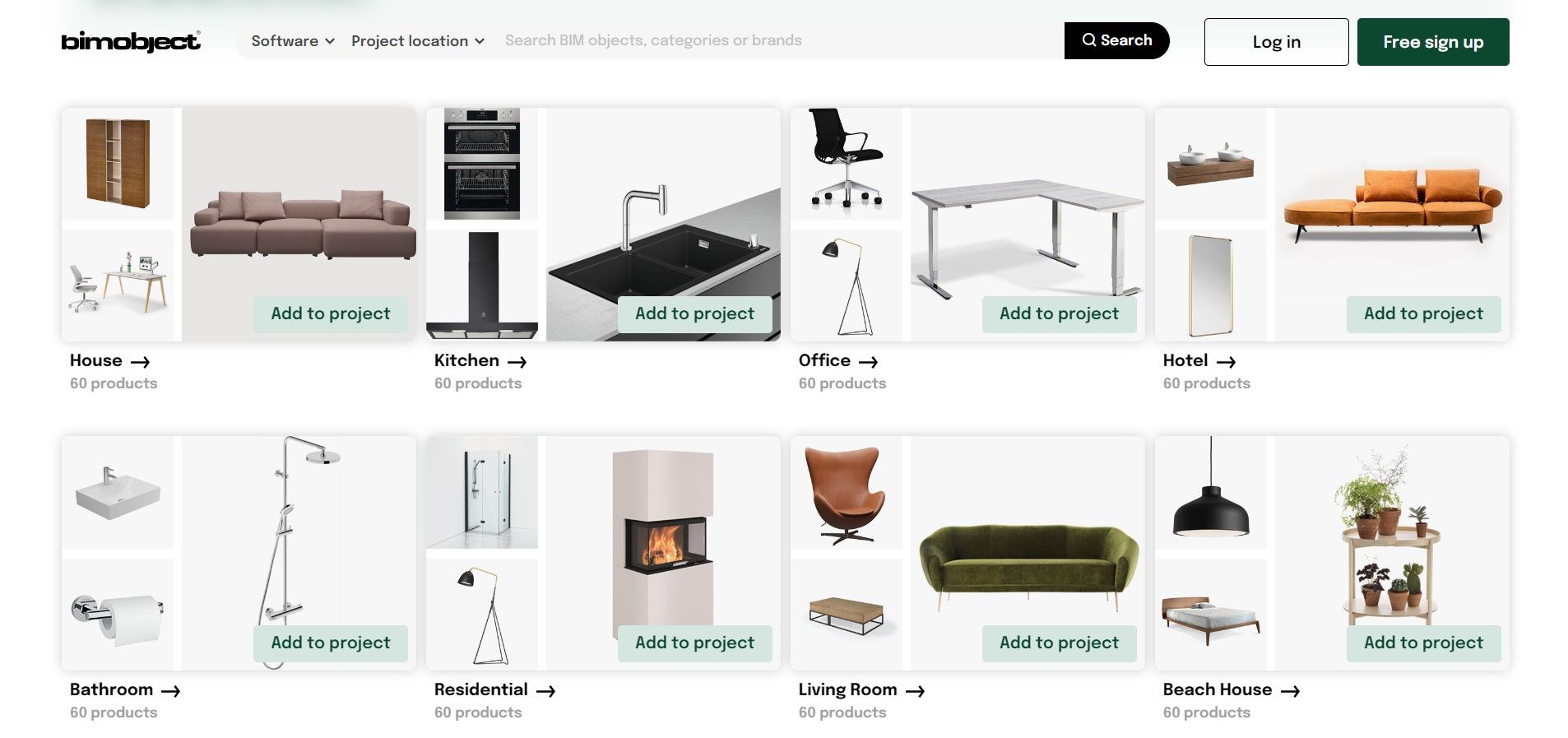 Screenshot of different types of furniture as BIM objects as seen on the BIMObject website