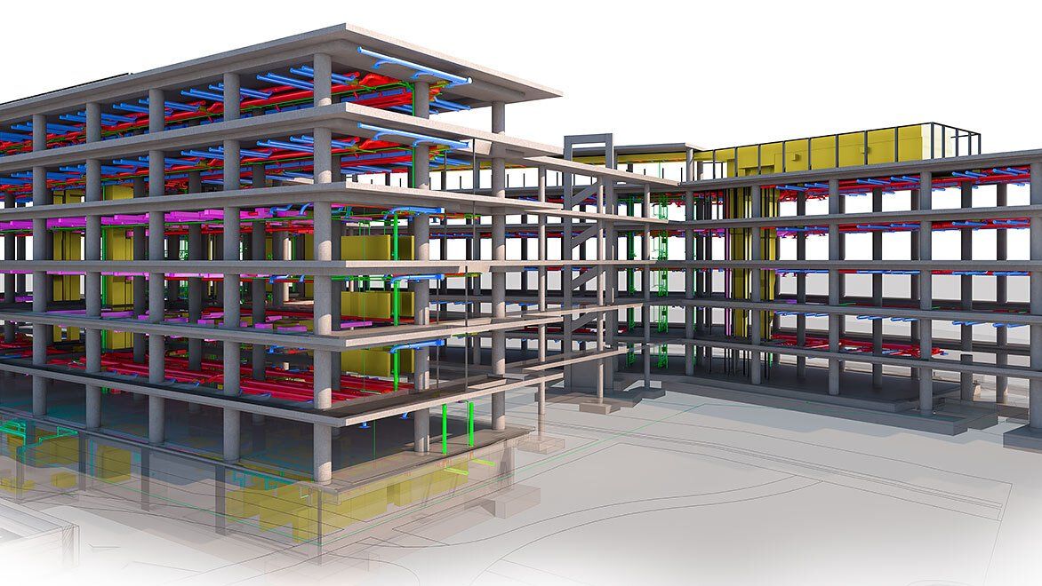 A 3D BIM model of a 6-storeys building showing the structure and MEP systems