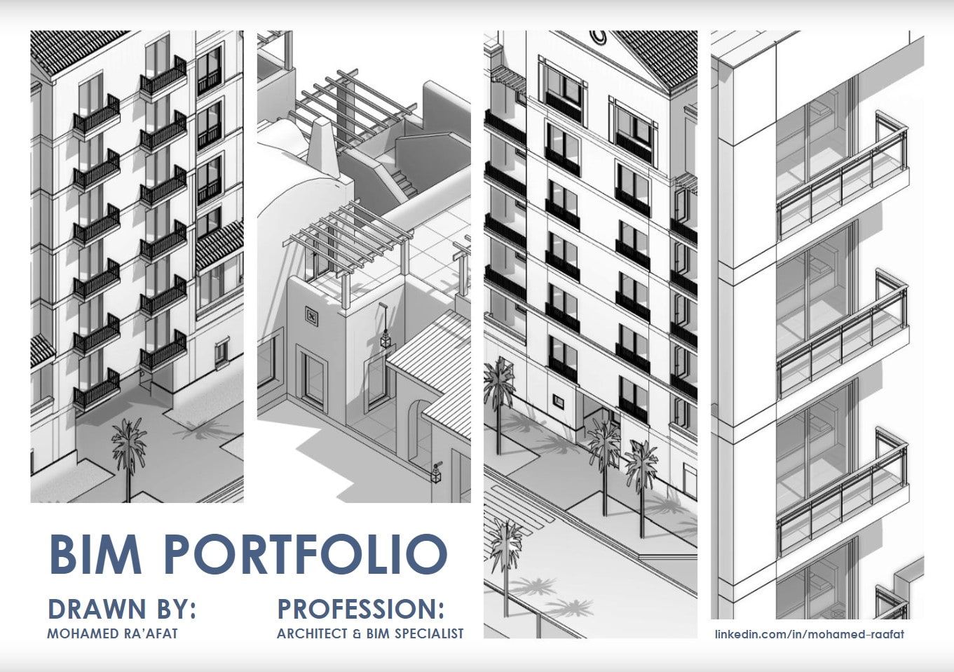 A cover page of BIM portfolio by Mohamed Ra’afat with images of 3D models and details