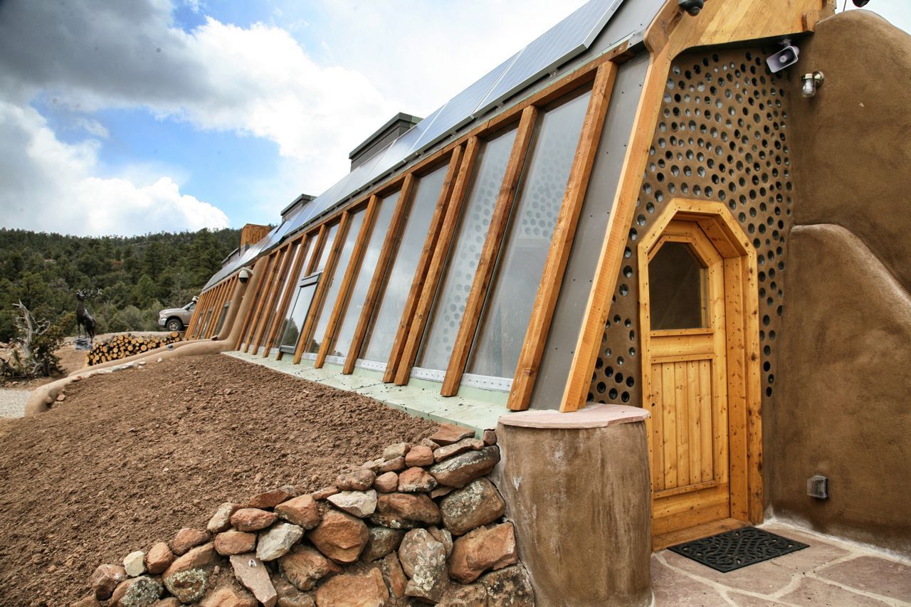 Exterior of Domigo Earthship built with local resources