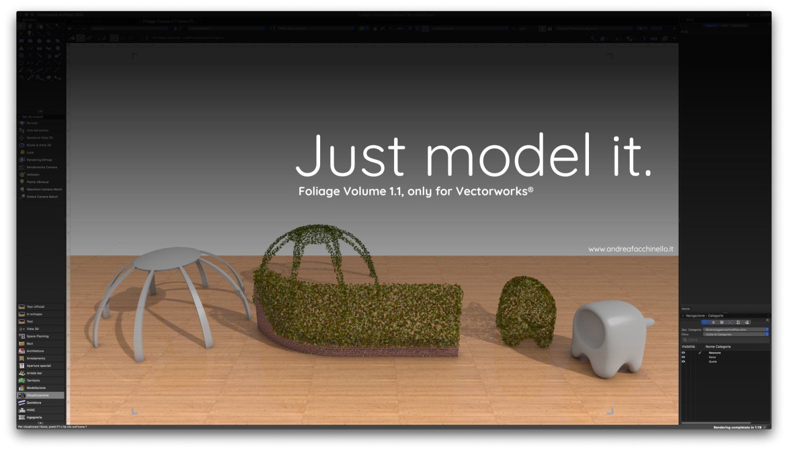 3D models with two wrapped in foliage element with words “Just model it” and Foliage Volume 1.1, only for Vectorworks” above them