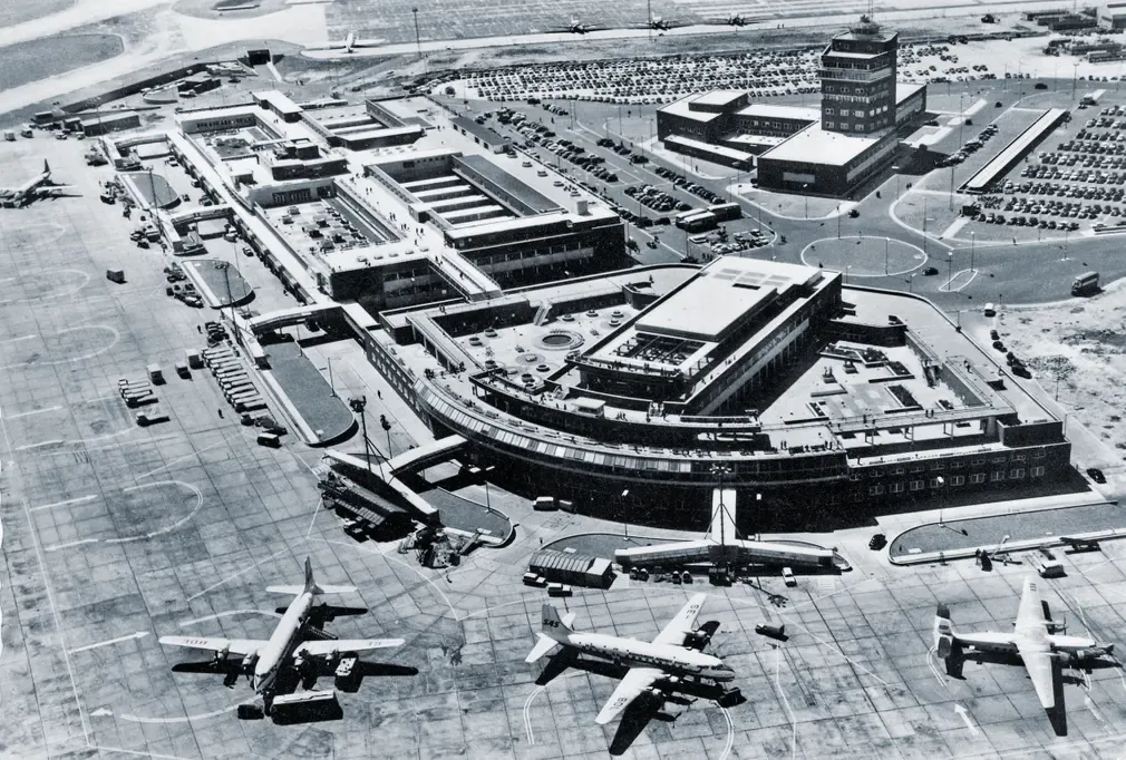 An aerial shot of the Heathrow Airport in London, from the mid 1900s