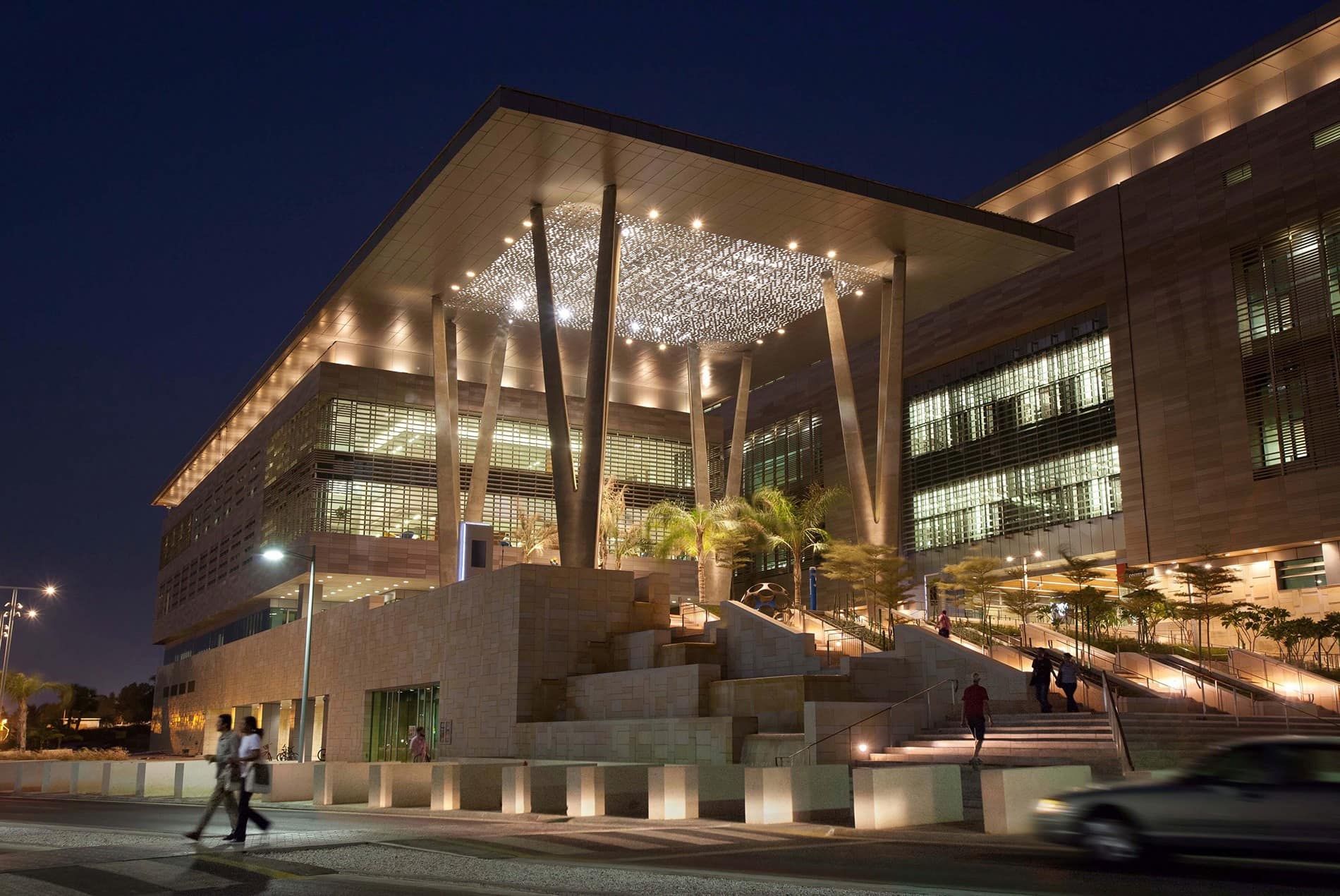 The exterior view of KAUST campus lit up at night