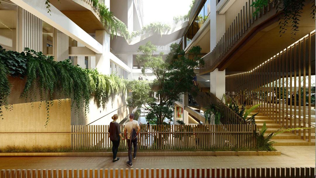 Lumion render of atrium space with light penetrating through and touching the plants