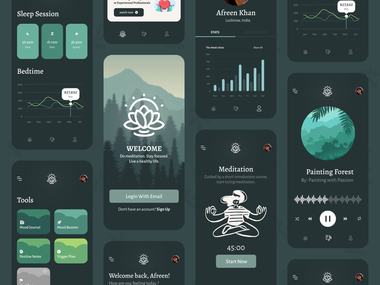 UI design templates for different functions of a meditation app