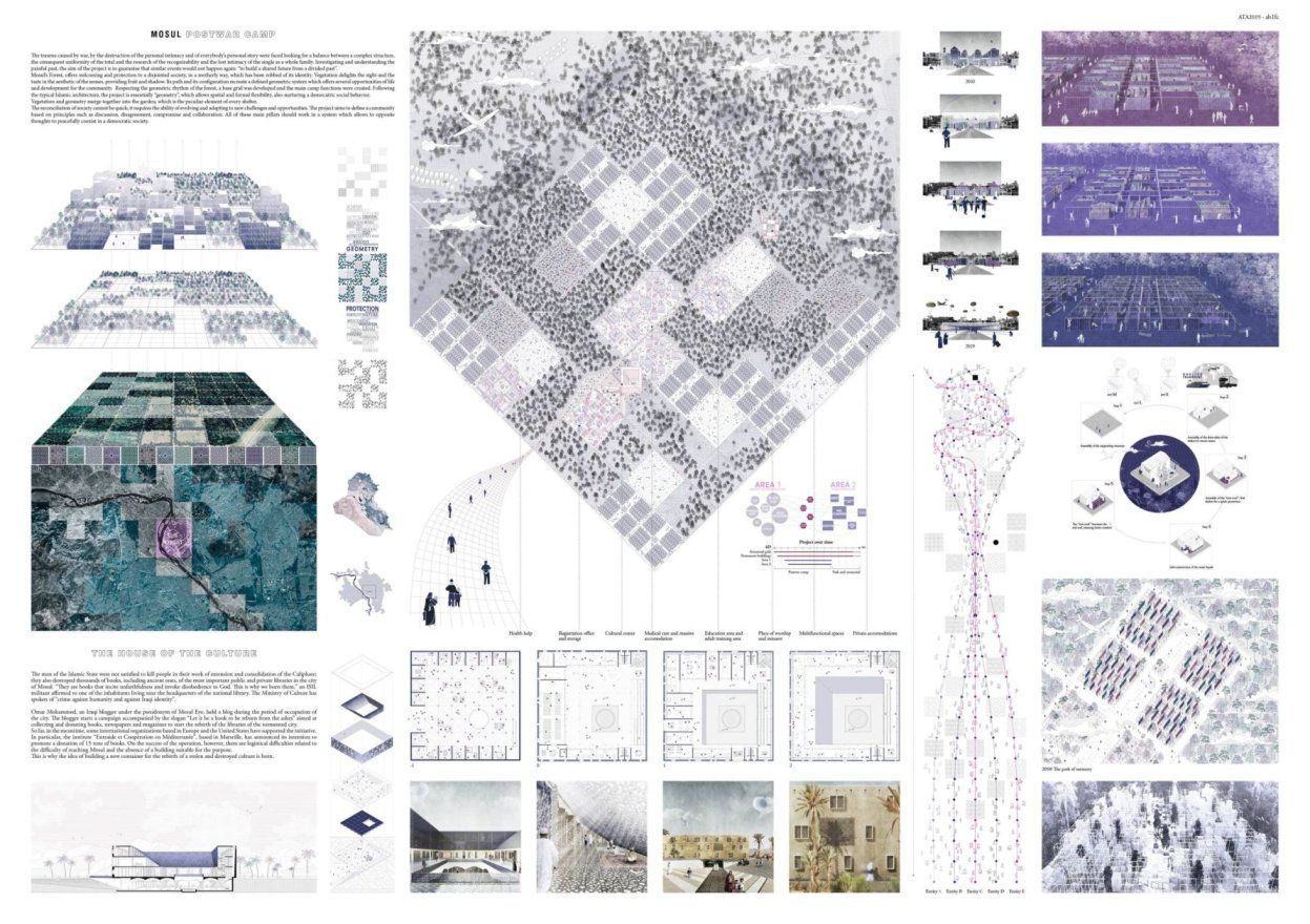 Architecture thesis presentation board with site plan, floor plans and site analysis studies