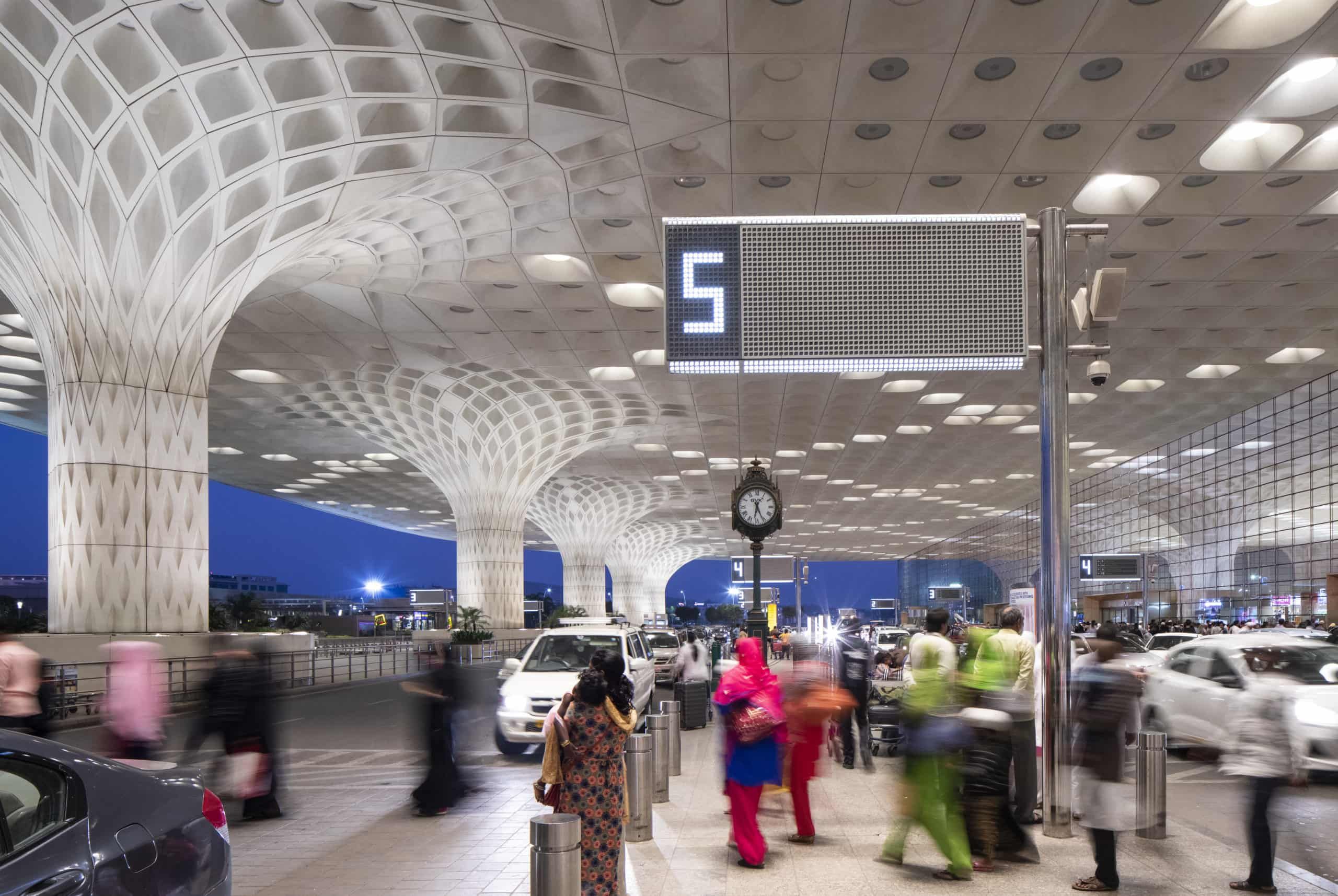 the white coffered canopy and the busy traffic of Mumbai’s Chhatrapati Shivaji International Airport Terminal 2