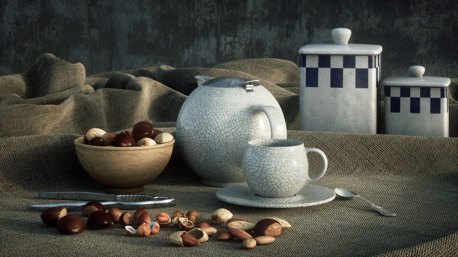 a tea set with cup, saucer and teapot on a tablecloth rendered in Octane Render