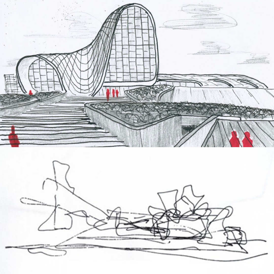 Sketches of the Heydar Aliyev Center and the Guggenheim Museum