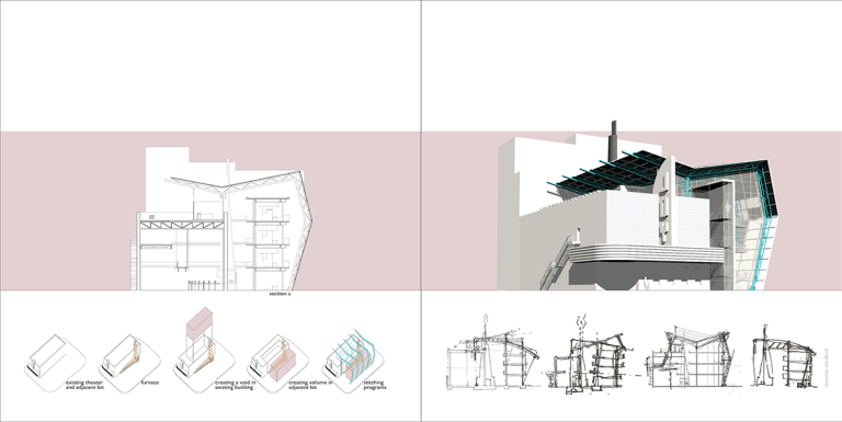 An example for sheet composition with section drawings, diagrams and sketches for a portfolio