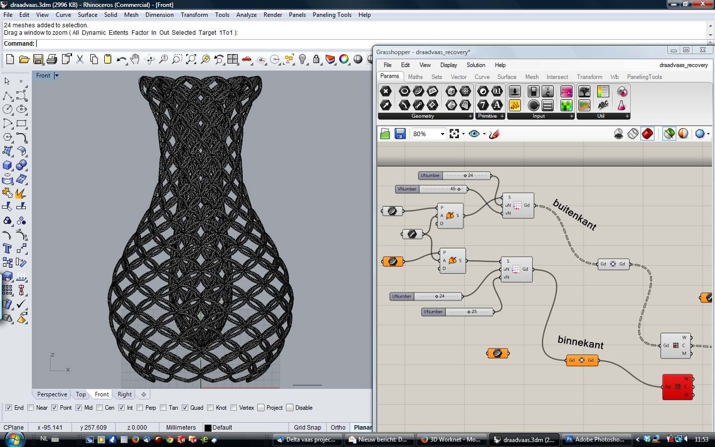 Grasshopper interface and input sequence on the right and the output Rhino 3D model on the left