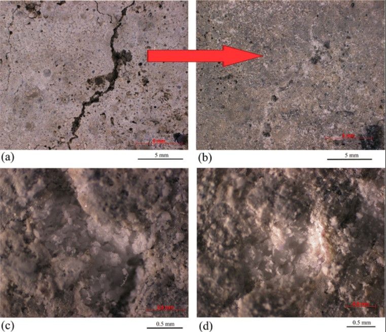an image comparison of cracked concrete healing over time