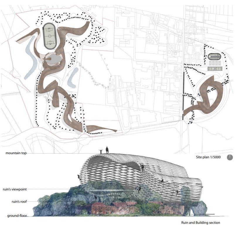 Site plan and section drawings of Sport Citadel competition project by AM-arqstudio