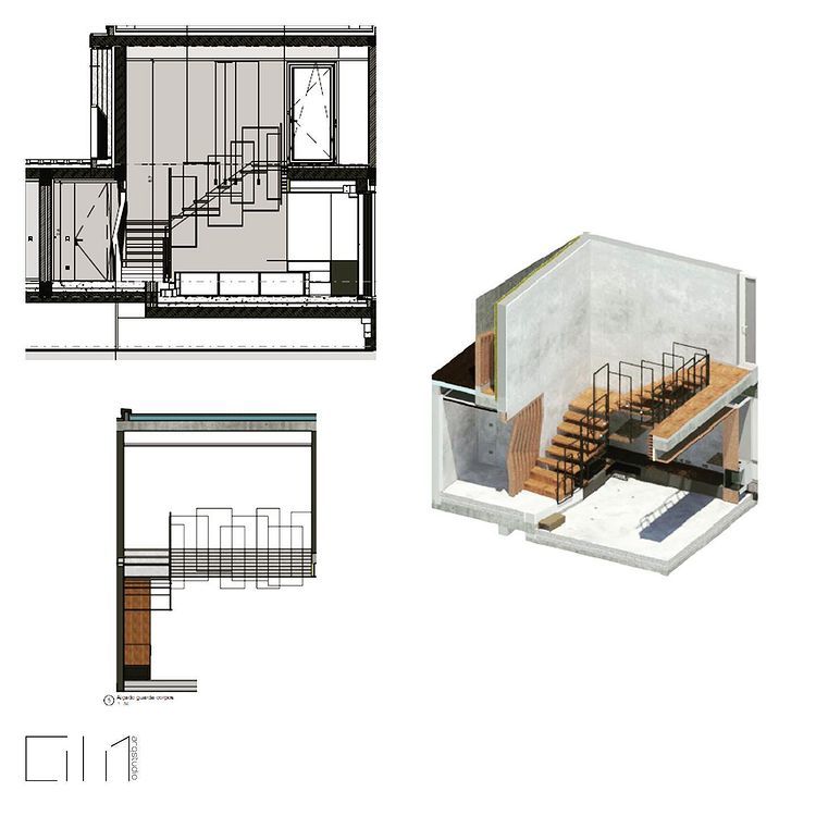 3D model and 2D elevation and section drawings of staircase design for House 15