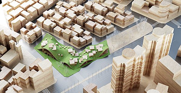 Architecture Model of a city with a flowy green space in between