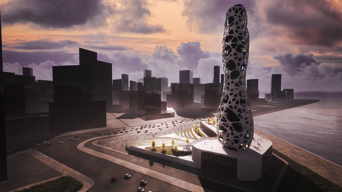 Rendered Parametric design project with the building in the foreground against high-rise buildings