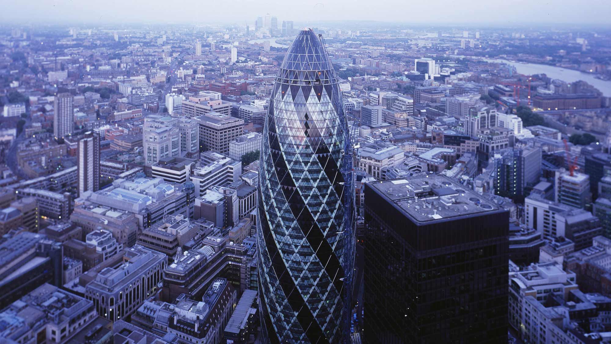 The view of 30 St Mary Axe towering over nearby buildings