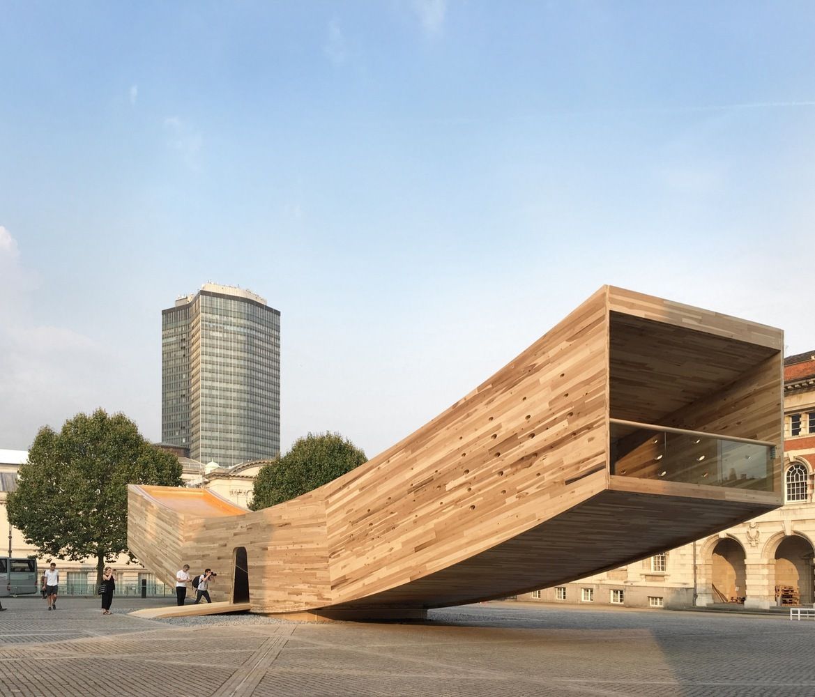 The exterior view of the Smile pavilion in cross-laminated timber by Alison Brooks Architects