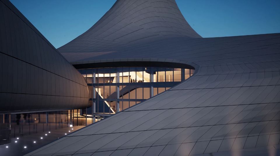 Twinmotion render by Zaha Hadid Architects of a curvy building