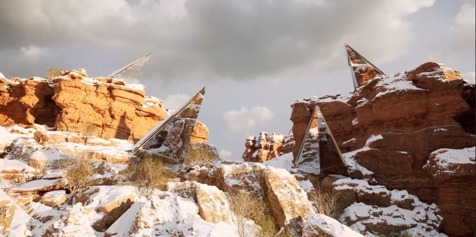 Twinmotion render of Sharp metallic forms poking out of snowy mountainscape