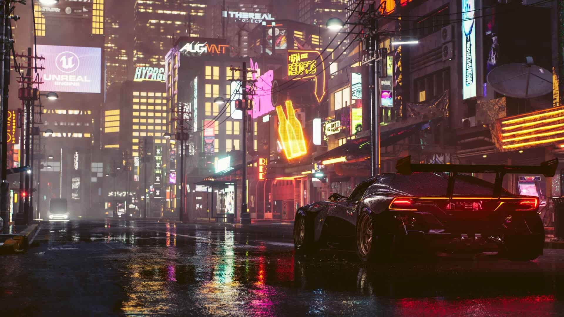 an visualisation of a neighbourhood at night with flashy signboards and a sports car next to the buildings