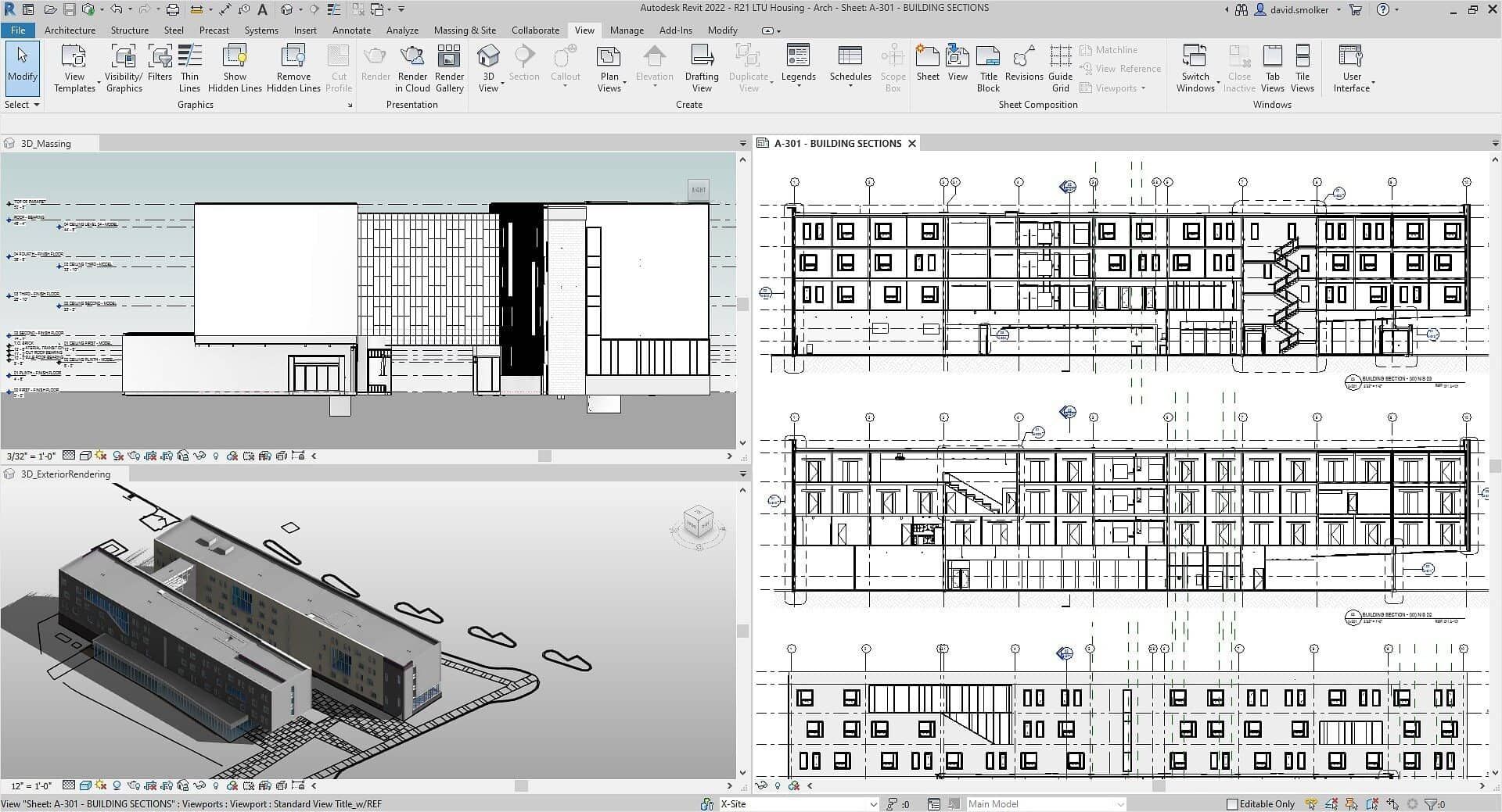 A 3D model and 2D drawings generated from it in Autodesk Revit