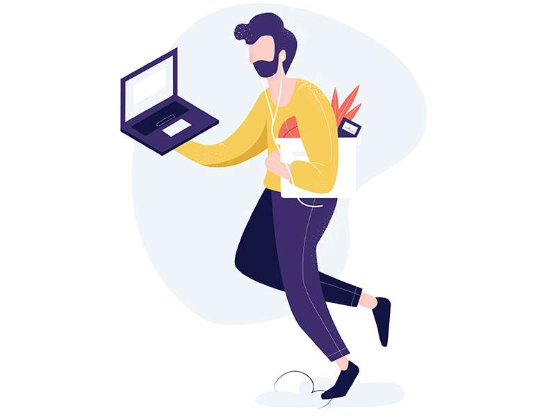 illustration of a person running with a laptop in one hand and a bag in the other