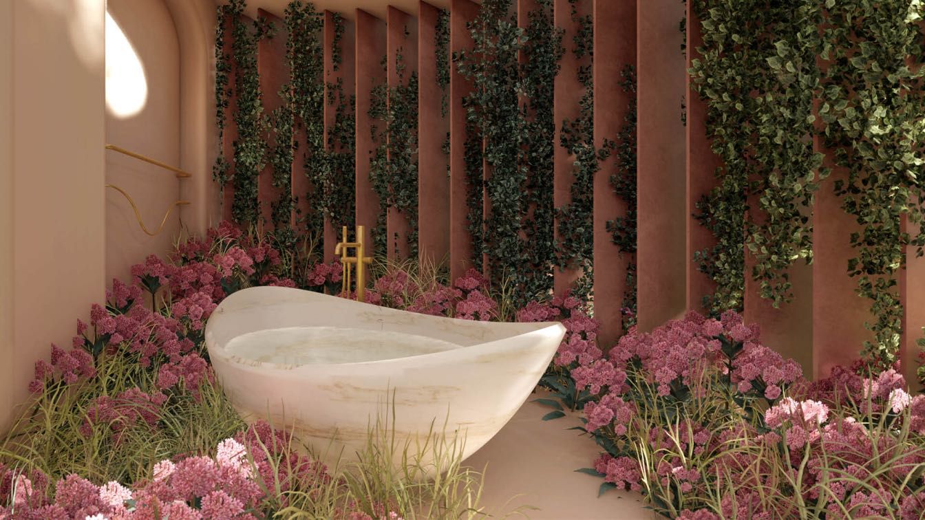 bathroom design with a bathtub surrounded by plants visualised by Vatrika Jangid