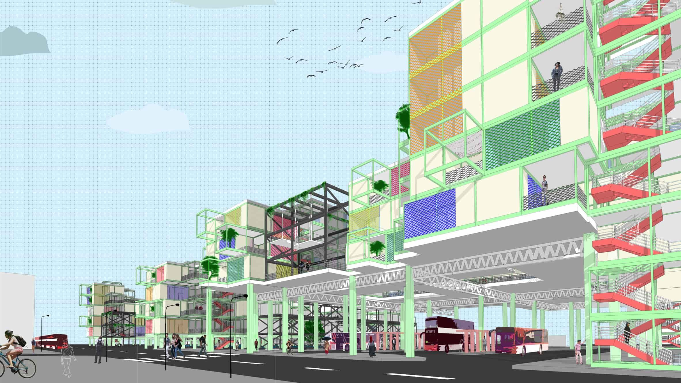 Architecture illustration of a 3D model showing structural frames