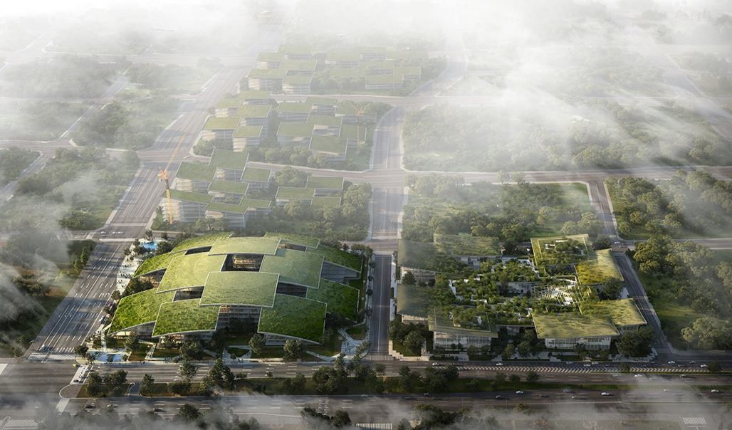 Twinmotion render by BIG architects of an aerial view of a green building