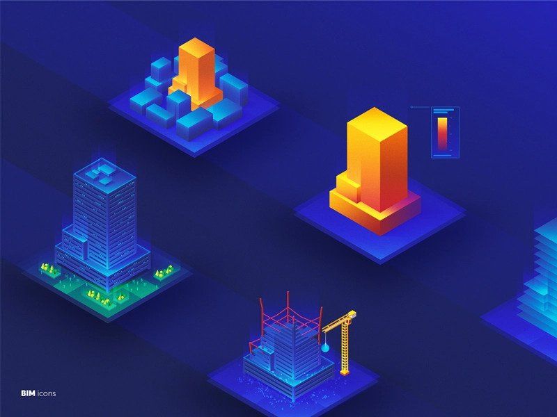 3D BIM icons in isometric view