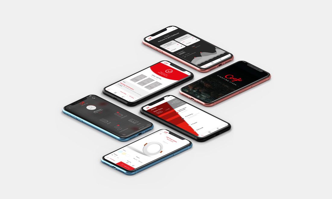 different interfaces of a mobile app design seen on six mobile phones