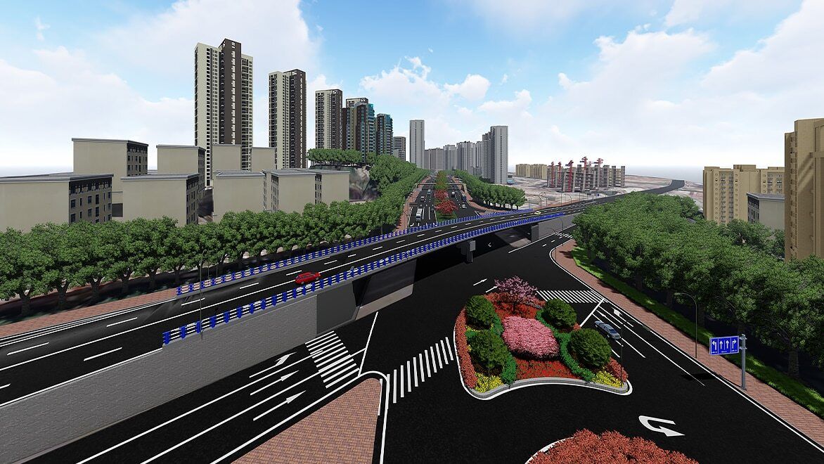 a rendered model in Infraworks showing high-rise buildings, road infrastructure and landscape