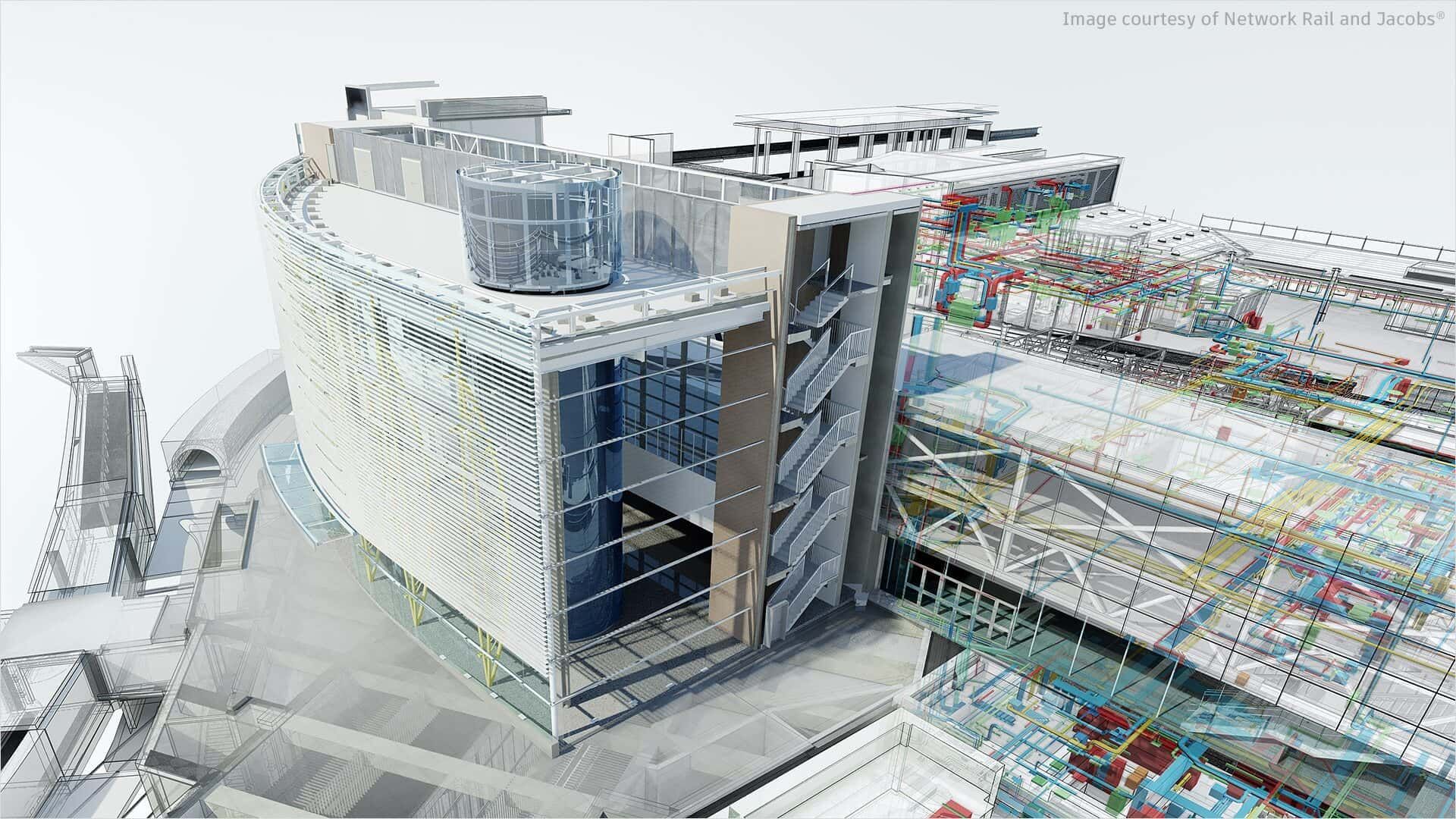 a 3D model in Navisworks, with a partial x-ray view of its services and infrastructure