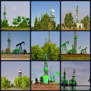 Images of ”eco-friendly” oil rigs, generated with crAIyon