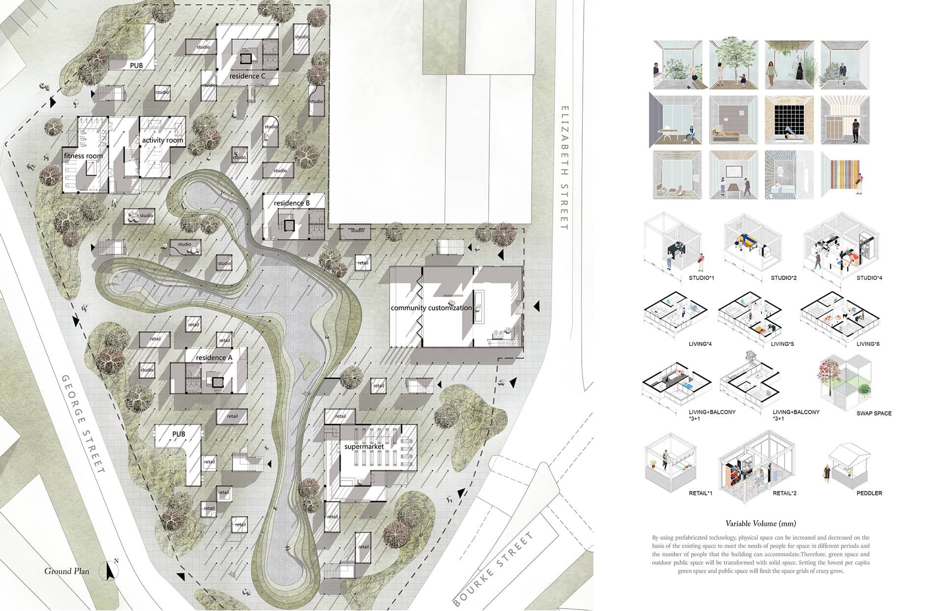Composition of site plan on the left and volumetric space diagrams on the right