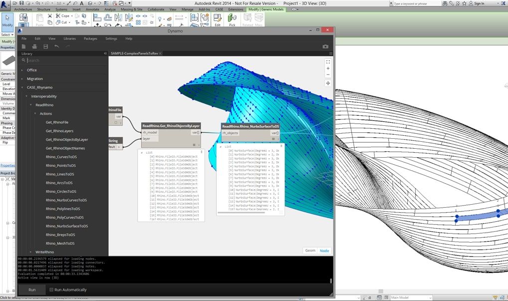 Dynamo interface in Revit with a parametric modelling workflow and the corresponding 3d model