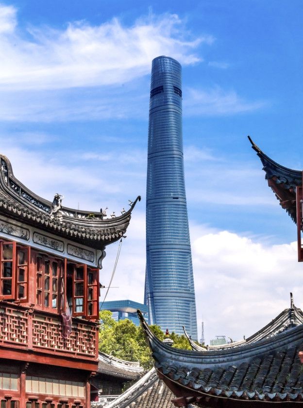 Shanghai tower accompanied by traditional Chinese architecture