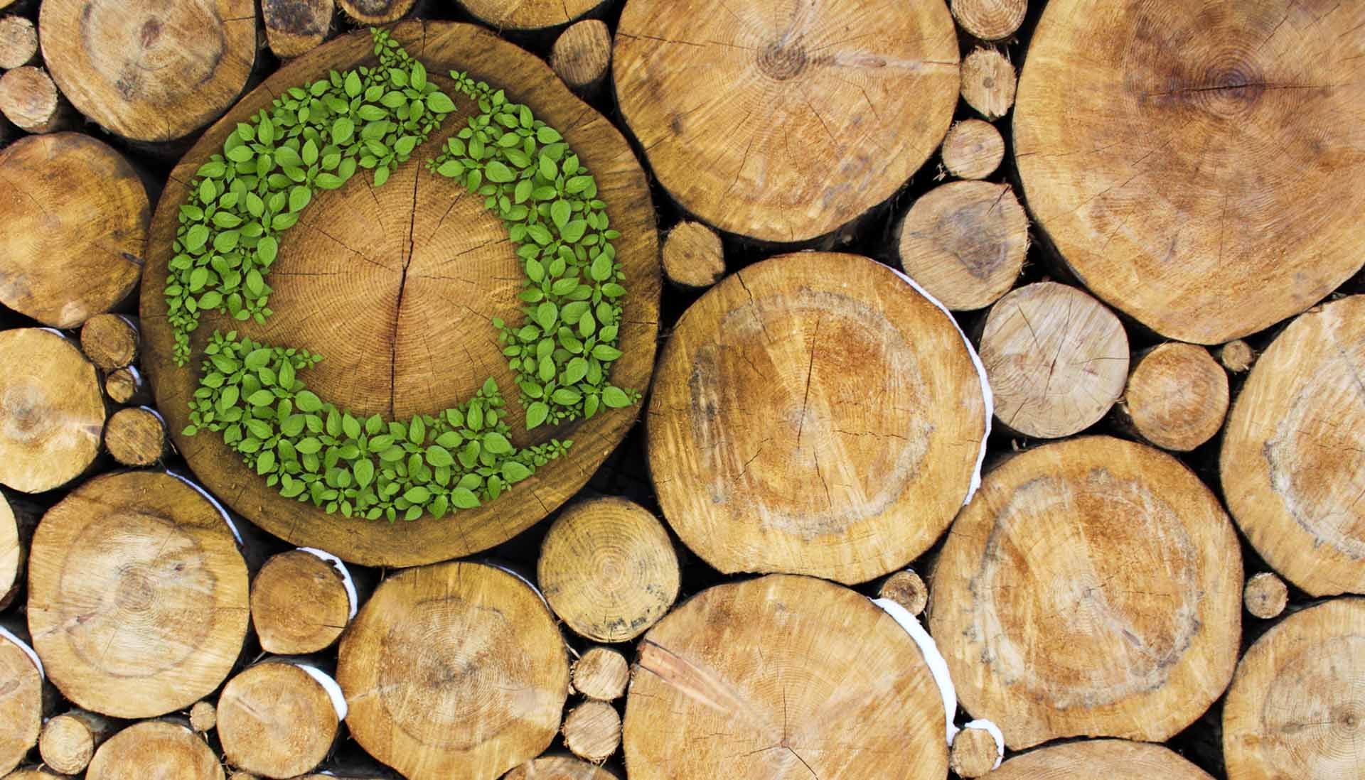 a pile of logs with a recycle logo in grass on a side surface of the biggest log