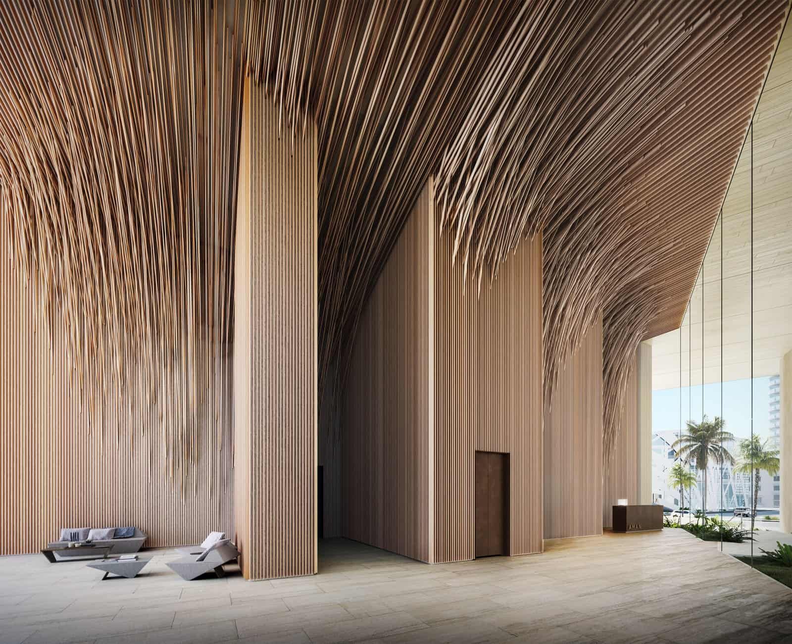 Vertical atrium space with wooden parametric wall design detail