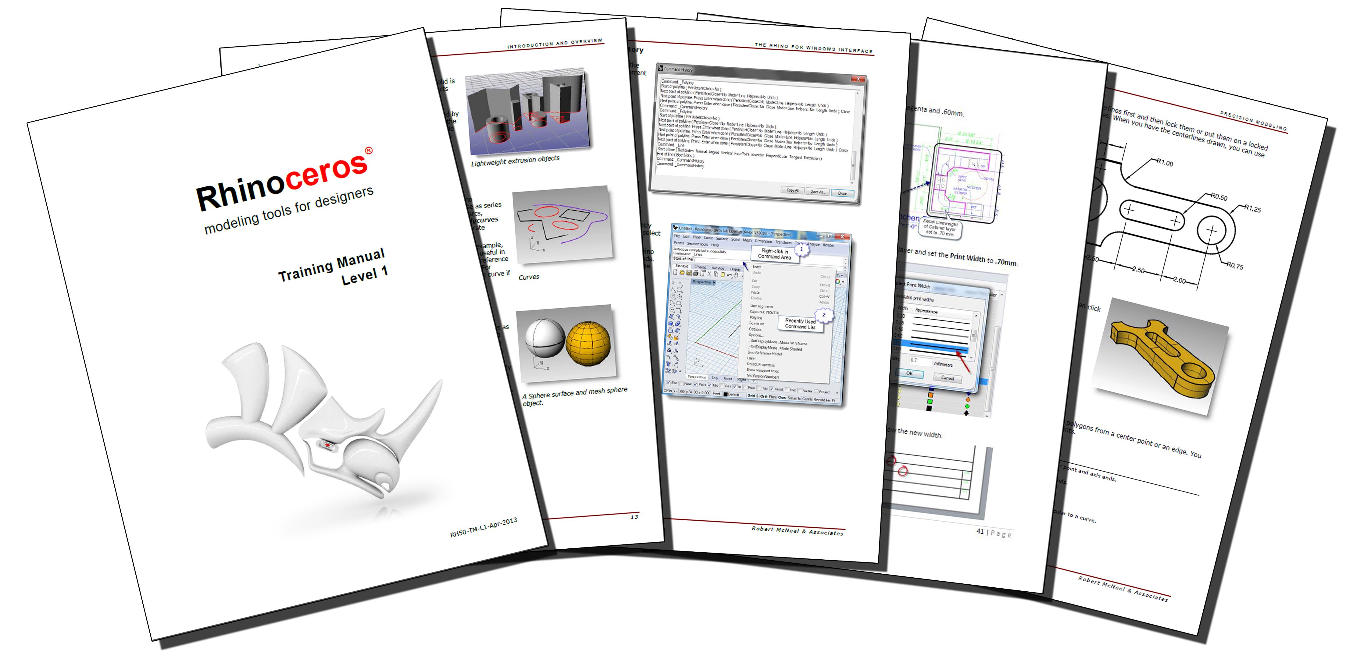 An array of pages with Rhino 3D content on it